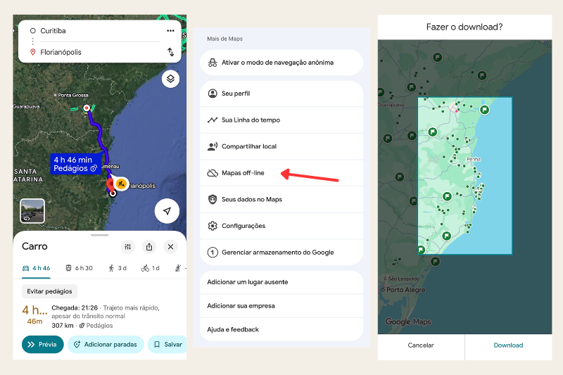 Telas do google maps no celular para viagem de carro