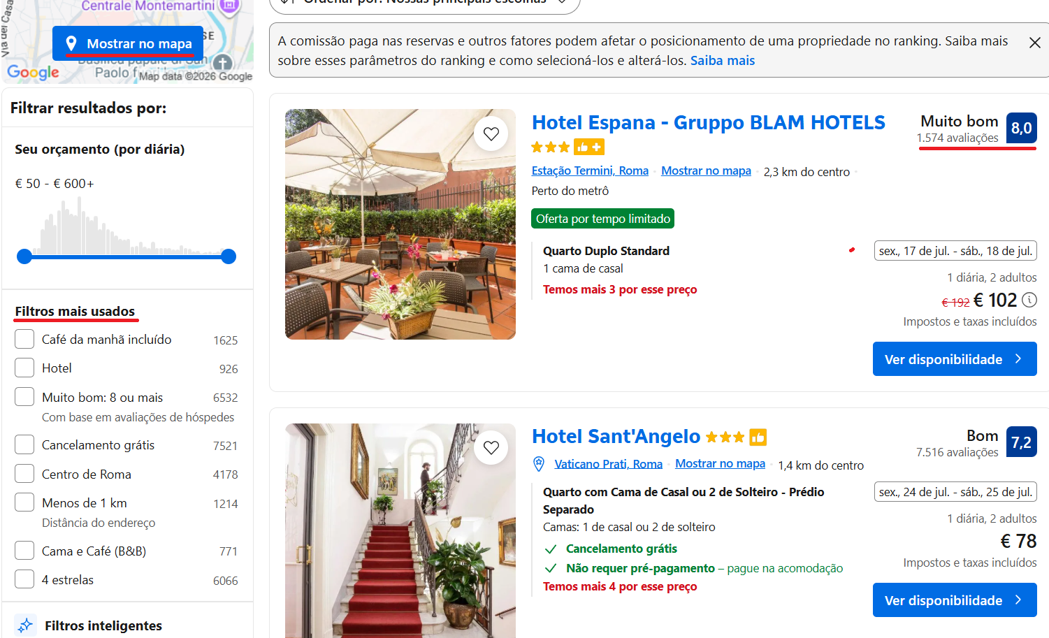 Tela de busca do Booking com filtros e notas de avaliação