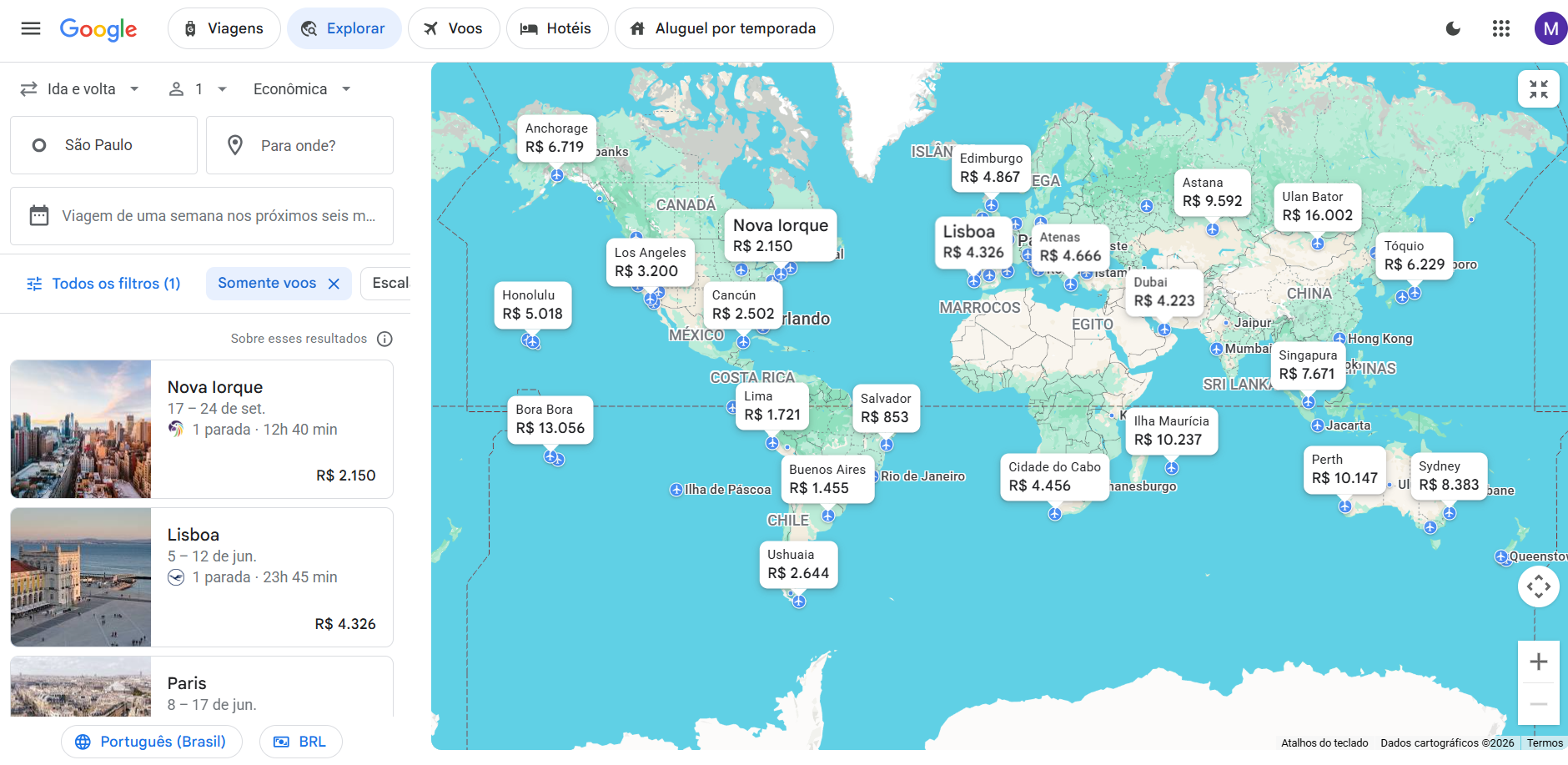 Tela do mapa do Google Flights - Dicas de como comprar passagens aéreas mais baratas